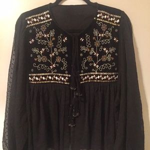 Balloon Sleeve Floral Embroidery Beads Blouse Top, M